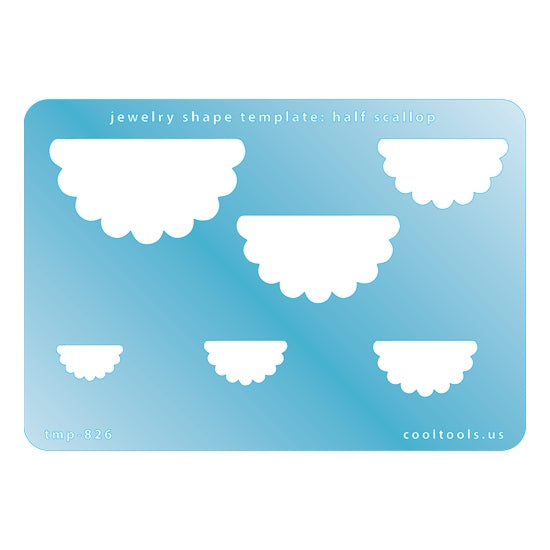 Blue plastic Jewelry Shape Template - Half Scallop Includes 6 graduated sizes. Sizes are from 16mm to 49.5mm.  Our special surface makes it easy to find these templates on your workbench, but allows clarity for positioning.