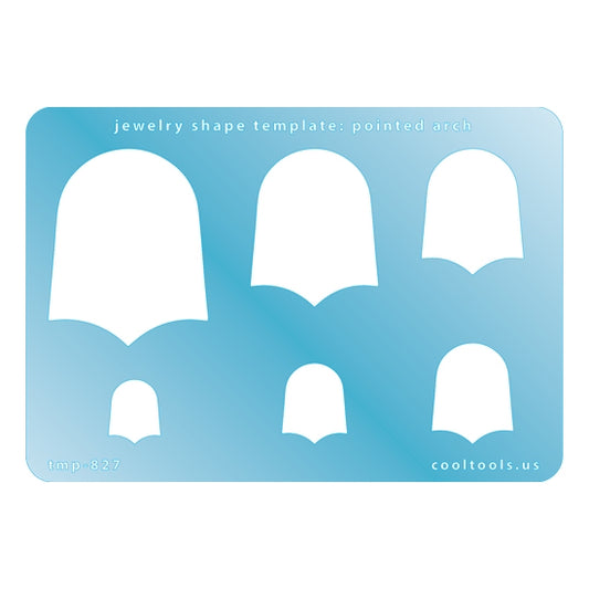 Blue plastic Jewelry Shape Template - Pointed Arch Includes 6 graduated sizes. Sizes are from 15mm to 47mm.  Our special surface makes it easy to find these templates on your workbench, but allows clarity for positioning.