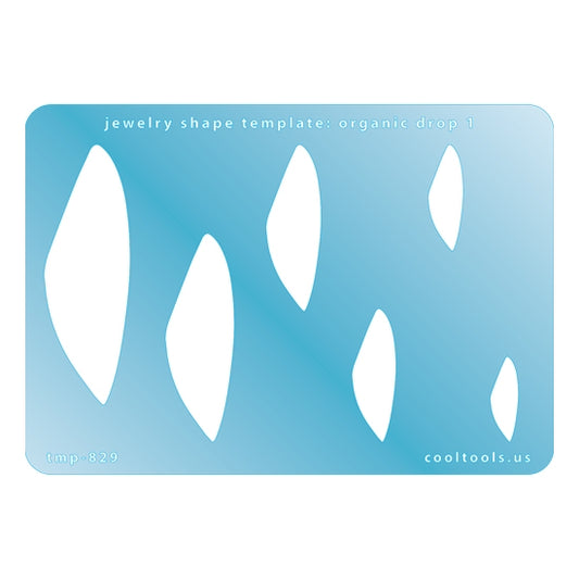 Blue plastic Jewelry Shape Template - Organic Drop 1 Includes 6 graduated sizes. Sizes are from 20mm to 62.5mm.  Our special surface makes it easy to find these templates on your workbench, but allows clarity for positioning. 