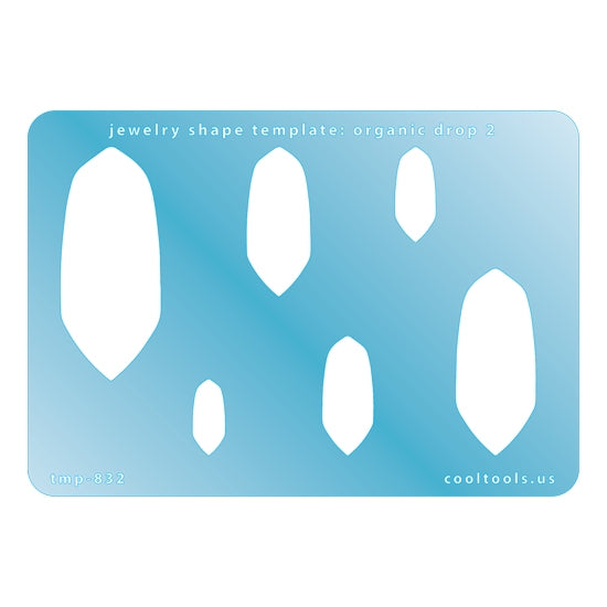 Blue plastic Jewelry Shape Template - Organic Drop 2 Includes 6 graduated sizes. Sizes are from 17.5mm to 54mm.  Our special surface makes it easy to find these templates on your workbench, but allows clarity for positioning.