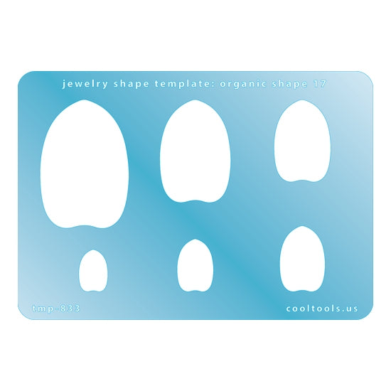 Blue plastic  Jewelry Shape Template - Organic Shape 17 Includes 6 graduated sizes. Sizes are from 15mm to 46.5mm.  Our special surface makes it easy to find these templates on your workbench, but allows clarity for positioning.