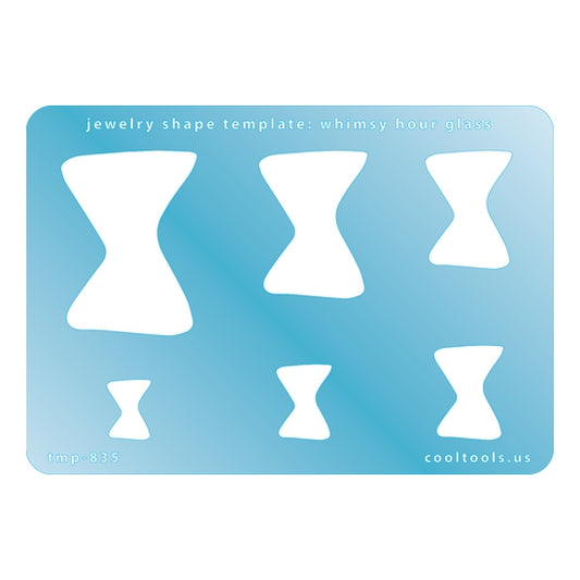 Blue plastic Jewelry Shape Template - Whimsy Hour Glass Includes 6 graduated sizes. Sizes are from 16.5mm to 50.5mm.  Our special surface makes it easy to find these templates on your workbench, but allows clarity for positioning.