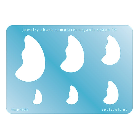 Blue plastic Jewelry Shape Template - Organic Shape 18 Includes 6 graduated sizes. Sizes are from 15mm to 47mm.  Our special surface makes it easy to find these templates on your workbench, but allows clarity for positioning.