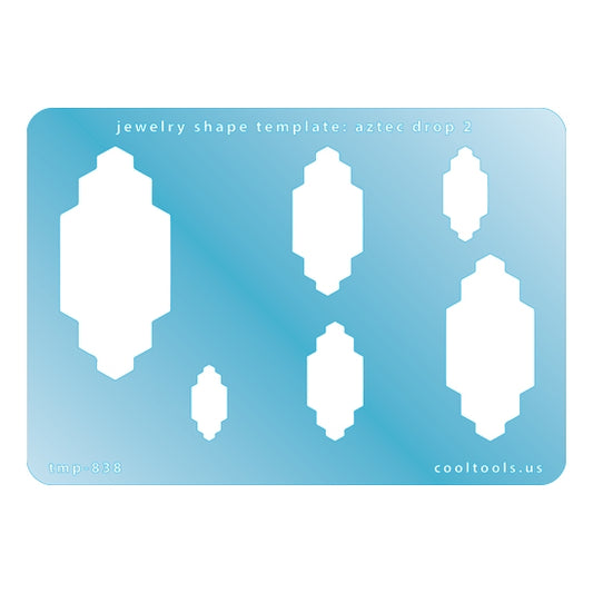 Blue plastic Jewelry Shape Template - Aztec Drop 2 Includes 6 graduated sizes. Sizes are from 17.5mm to 55mm.  Our special surface makes it easy to find these templates on your workbench, but allows clarity for positioning