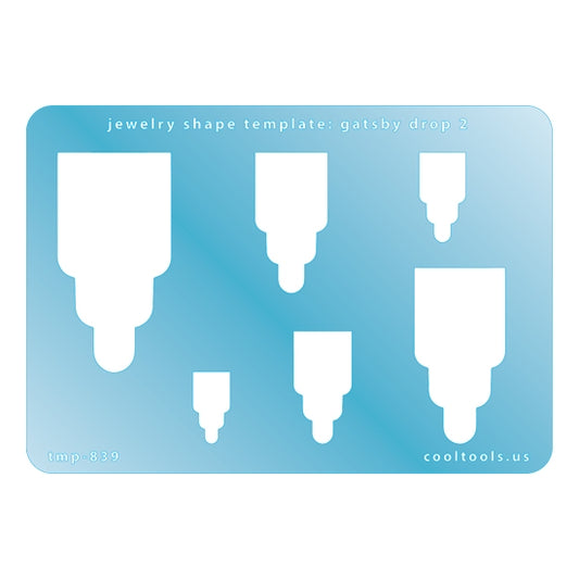 Blue plastic Jewelry Shape Template - Gatsby Drop 2 Includes 6 graduated sizes. Sizes are from 17.5mm to 54.5mm.  Our special surface makes it easy to find these templates on your workbench, but allows clarity for positioning.