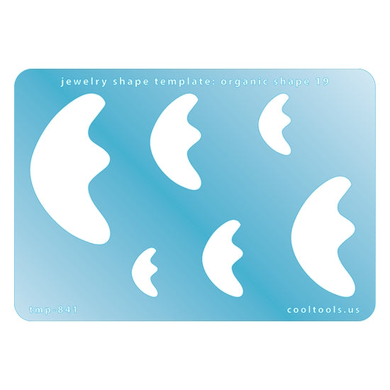 Blue plastic Jewelry Shape Template - Organic Shape 19 Includes 6 graduated sizes. Sizes are from 17.5mm to 53.5mm.  Our special surface makes it easy to find these templates on your workbench, but allows clarity for positioning.