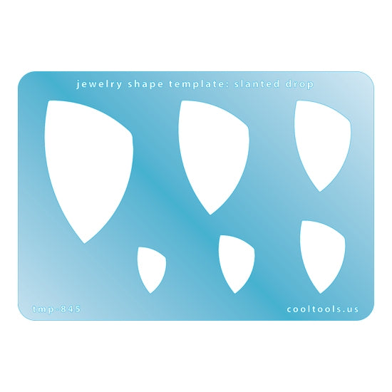 Blue plastic Jewelry Shape Template - Slanted Drop Includes 6 graduated sizes. Sizes are from 16.5mm to 53mm.  Our special surface makes it easy to find these templates on your workbench, but allows clarity for positioning.