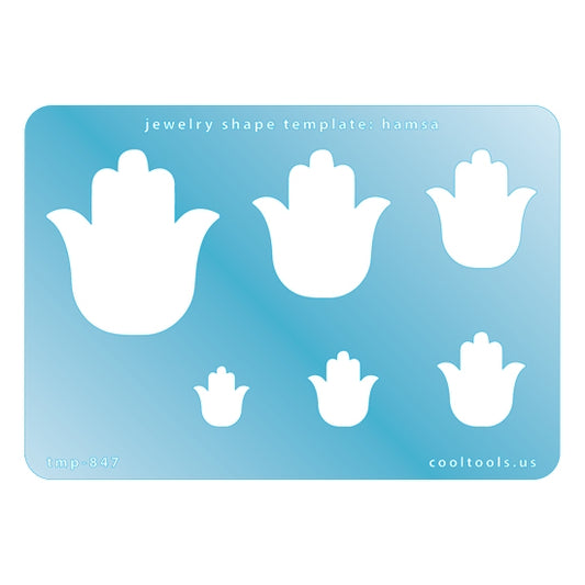 Blue plastic Jewelry Shape Template - Hamsa Includes 6 graduated sizes. Sizes are from 14mm to 44mm.  Our special surface makes it easy to find these templates on your workbench, but allows clarity for positioning