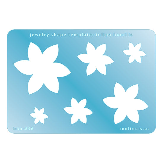 Blue plastic Jewelry Shape Template - Tulipa Humilis Includes 6 graduated sizes. Sizes are from 15mm to 49mm.  Our special surface makes it easy to find these templates on your workbench, but allows clarity for positioning.