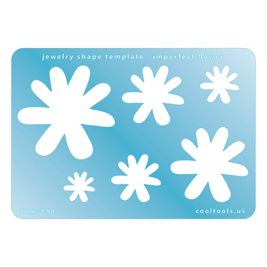 Blue plastic Jewelry Shape Template - Imperfect Flower Includes 6 graduated sizes. Sizes are from 16.5mm to 51mm.  Our special surface makes it easy to find these templates on your workbench, but allows clarity for positioning.