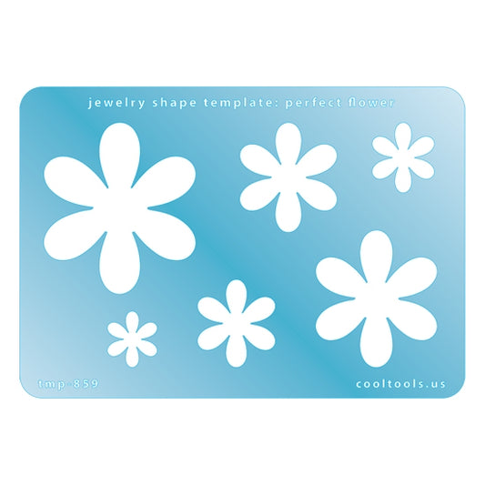 Blue plastic Jewelry Shape Template - Perfect Flower Includes 6 graduated sizes. Sizes are from 16mm to 49mm.  Our special surface makes it easy to find these templates on your workbench, but allows clarity for positioning.