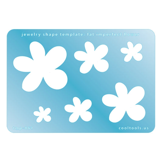 Blue plastic Jewelry Shape Template - Fat Imperfect Flower Includes 6 graduated sizes. Sizes are from 15.5mm to 50mm.  Our special surface makes it easy to find these templates on your workbench, but allows clarity for positioning.