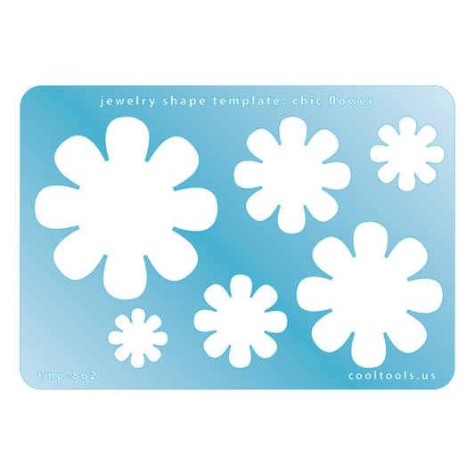 Blue plastic Jewelry Shape Template - Chic Flower Includes 6 graduated sizes. Sizes are from 17.5mm to 54mm.  Our special surface makes it easy to find these templates on your workbench, but allows clarity for positioning.