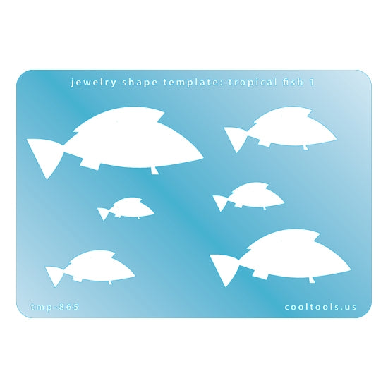 Blue plastic Jewelry Shape Template - Tropical Fish 1 Includes 6 graduated sizes. Sizes are from 19mm to 62mm.  Our special surface makes it easy to find these templates on your workbench, but allows clarity for positioning.