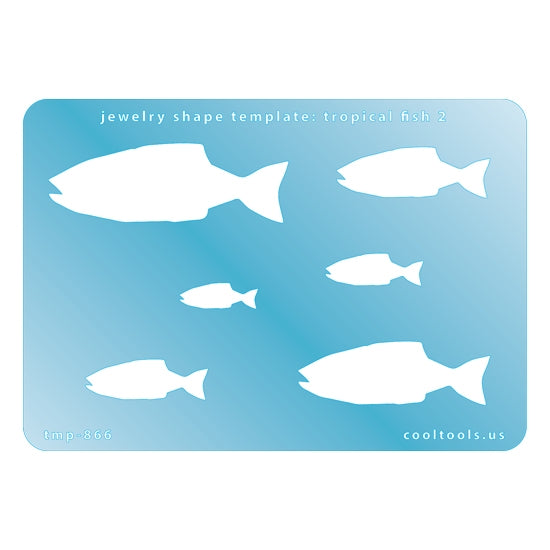 Blue plastic Jewelry Shape Template - Tropical Fish 2 Includes 6 graduated sizes. Sizes are from 19mm to 60mm.  Our special surface makes it easy to find these templates on your workbench, but allows clarity for positioning.