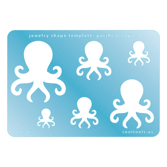 Blue plastic Jewelry Shape Template - Pacific Octopus Includes 6 graduated sizes. Sizes are from 17mm to 52mm.  Our special surface makes it easy to find these templates on your workbench, but allows clarity for positioning.