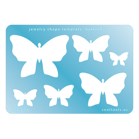 Blue plastic Jewelry Shape Template - Butterfly 1 Includes 6 graduated sizes. Sizes are from 20mm to 62.5mm.  Our special surface makes it easy to find these templates on your workbench, but allows clarity for positioning.