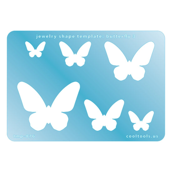 Blue plastic Jewelry Shape Template - Butterfly 3 Includes 6 graduated sizes. Sizes are from 16.5mm to 52.5mm.  Our special surface makes it easy to find these templates on your workbench, but allows clarity for positioning.