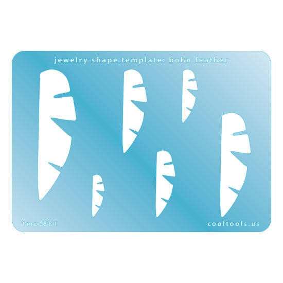 Blue plastic Jewelry Shape Template - Boho Feather Includes 6 graduated sizes. Sizes are from 20.5mm to 62mm.  Our special surface makes it easy to find these templates on your workbench, but allows clarity for positioning