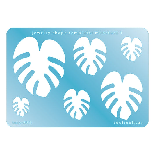 Blue plastic Jewelry Shape Template - Monstera 1 Includes 6 graduated sizes. Sizes are from 18.5mm to 56.5mm.  Our special surface makes it easy to find these templates on your workbench, but allows clarity for positioning.