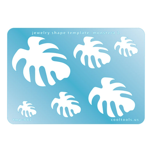 Blue plastic Jewelry Shape Template - Monstera 2 Includes 6 graduated sizes. Sizes are from 17.5mm to 53.5mm.  Our special surface makes it easy to find these templates on your workbench, but allows clarity for positioning.