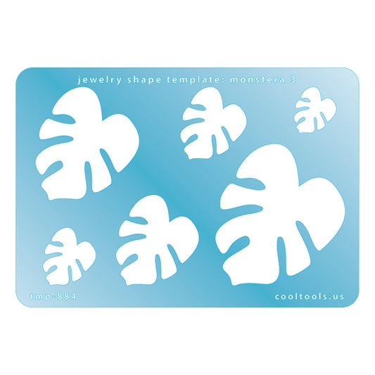 Blue plastic Jewelry Shape Template - Monstera 3 Includes 6 graduated sizes. Sizes are from 17.5mm to 55mm.  Our special surface makes it easy to find these templates on your workbench, but allows clarity for positioning.