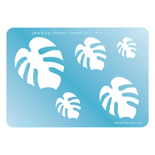 Blue plastic Jewelry Shape Template - Monstera 4 Includes 5 graduated sizes. Sizes are from 20.5mm to 50.5mm.  Our special surface makes it easy to find these templates on your workbench, but allows clarity for positioning.