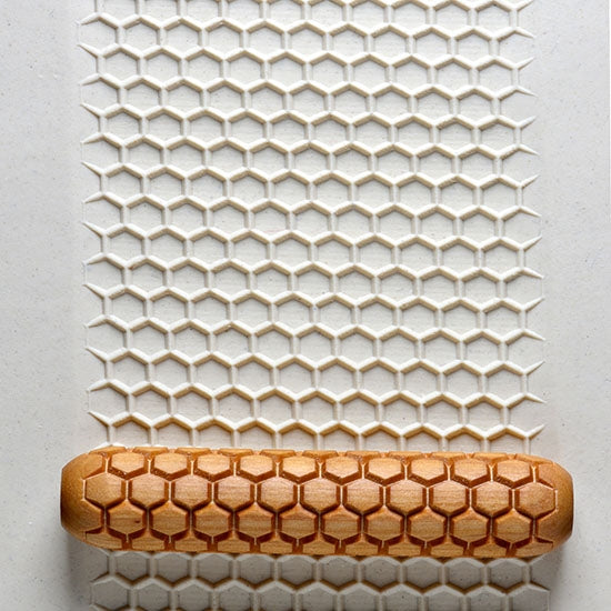 Large Wooden Hand Roller - Honeycomb pressed into clay