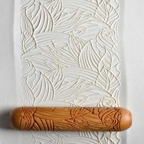 Large Wooden Hand Roller - Jungle Foliage pressed into clay