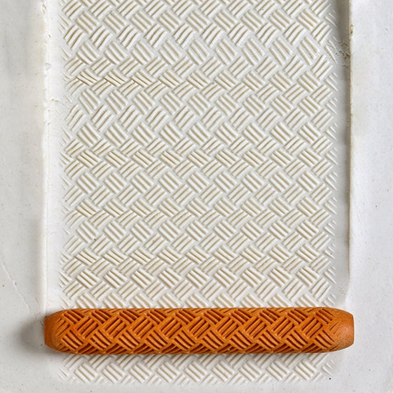 Wooden Hand Roller - Fine Basketweave rolled into white clay