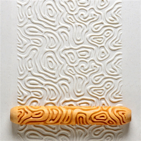 Wooden Hand Roller - Topographic rolled into white clay