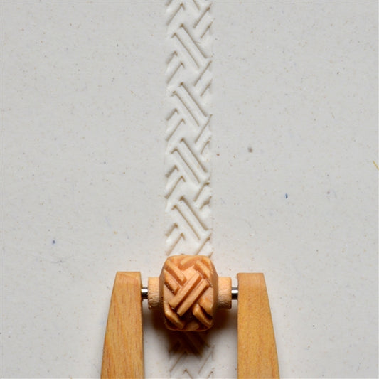 Wooden Mini Roller - Basketweave 1 - 10mm rolled into white clay