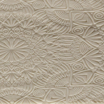 clay sample of Textured Rolling Pin - Mandala Textured Rolling Pins are capable of pressing a continuous repeated pattern on clay. Made of clear PMMA plastic with amazing non-stick properties. Non-toxic. 