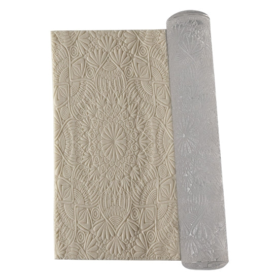 clay sample and Textured Rolling Pin - Mandala Textured Rolling Pins are capable of pressing a continuous repeated pattern on clay. Made of clear PMMA plastic with amazing non-stick properties. Non-toxic. 