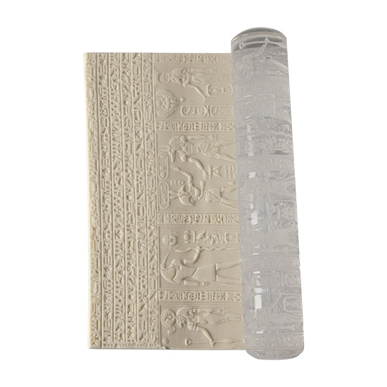 clay sample and Textured Rolling Pin - Egyptian Textured Rolling Pins are capable of pressing a continuous repeated pattern on clay. Made of clear PMMA plastic with amazing non-stick properties. Non-toxic.