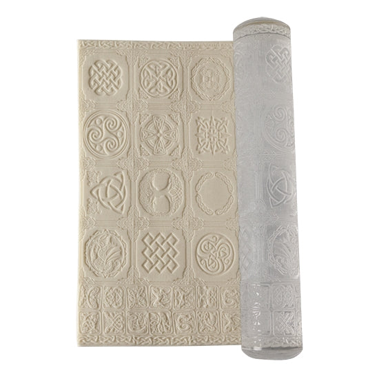 clay sample and Textured Rolling Pin - Celtic Textured Rolling Pins are capable of pressing a continuous repeated pattern on clay. Made of clear PMMA plastic with amazing non-stick properties. Non-toxic.