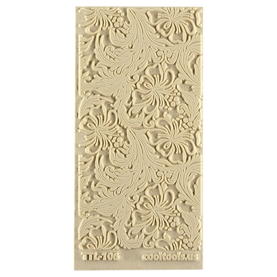 Texture Tile - Hibiscus. Beige Texture Tiles are flexible, washable and can be used with any soft clay. Spritz with CoolSlip or dust on Dry Powder Release for stick-free impressions when using metal clay and polymer clay.