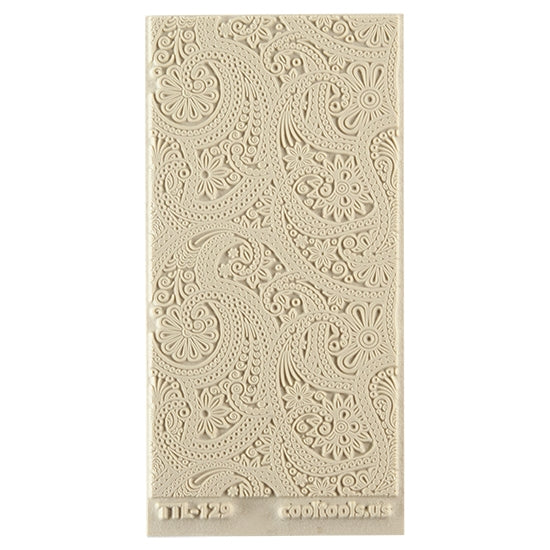 Texture Tile - Eastern Paisley. Beige Texture Tiles are flexible, washable and can be used with any soft clay. Spritz with CoolSlip or dust on Dry Powder Release for stick-free impressions when using metal clay and polymer clay.