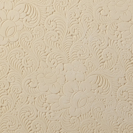 Texture Tile - Roses and Swirls Embossed. Beige Texture Tiles are flexible, washable and can be used with any soft clay. Spritz with CoolSlip or dust on Dry Powder Release for stick-free impressions when using metal clay and polymer clay.