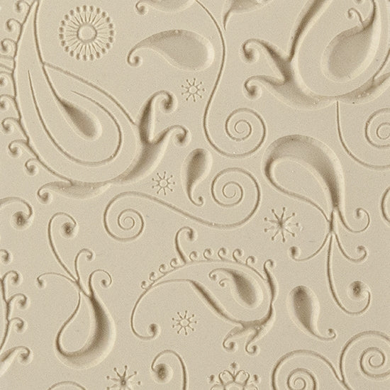 Texture Tile - Lazy Paisley Embossed. Beige Texture Tiles are flexible, washable and can be used with any soft clay. Spritz with CoolSlip or dust on Dry Powder Release for stick-free impressions when using metal clay and polymer clay.