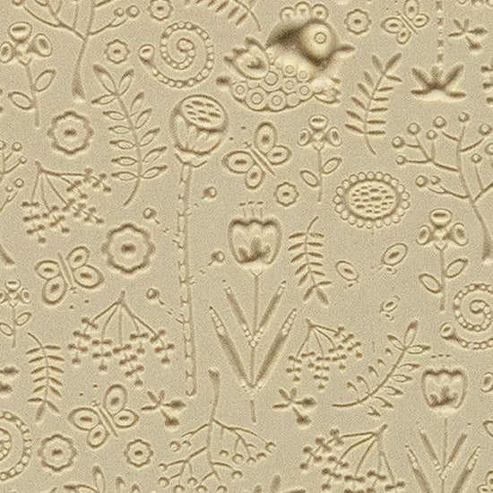 Texture Tile - Folklore Embossed. Beige Texture Tiles are flexible, washable and can be used with any soft clay. Spritz with CoolSlip or dust on Dry Powder Release for stick-free impressions when using metal clay and polymer clay.