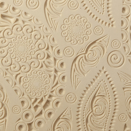 Texture Tile - Paisley Party Embossed. Beige Texture Tiles are flexible, washable and can be used with any soft clay. Spritz with CoolSlip or dust on Dry Powder Release for stick-free impressions when using metal clay and polymer clay.