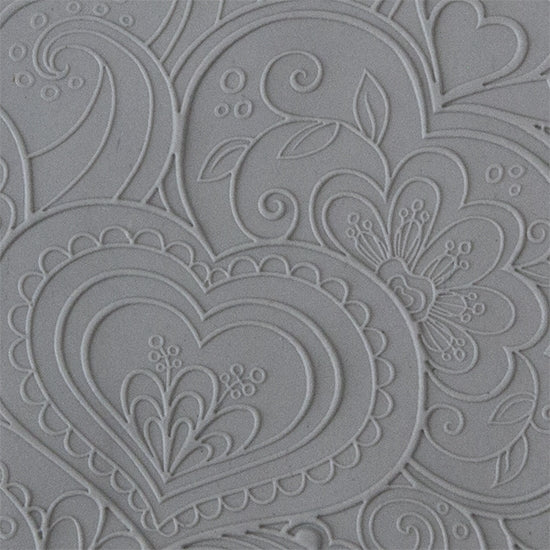 Texture Tile - Blooming Hearts Fineline sample rolled into clay