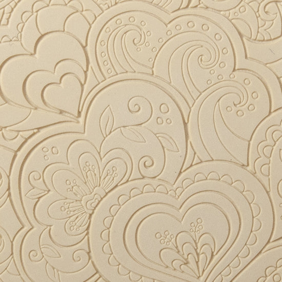 Texture Tile - Blooming Hearts Fineline. Beige Texture Tiles are flexible, washable and can be used with any soft clay. Spritz with CoolSlip or dust on Dry Powder Release for stick-free impressions when using metal clay and polymer clay.