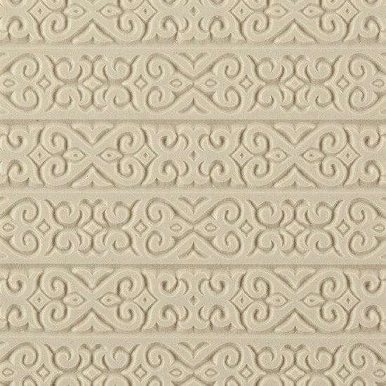 Texture Tile - Kazakh Horizontal. Beige Texture Tiles are flexible, washable and can be used with any soft clay. Spritz with CoolSlip or dust on Dry Powder Release for stick-free impressions when using metal clay and polymer clay.