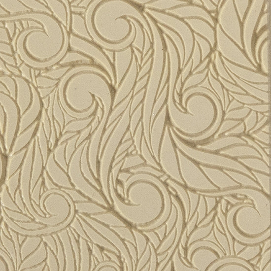 Texture Tile - Feather Flurry Embossed. Beige Texture Tiles are flexible, washable and can be used with any soft clay. Spritz with CoolSlip or dust on Dry Powder Release for stick-free impressions when using metal clay and polymer clay.