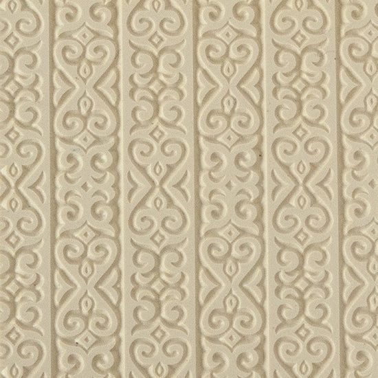 Texture Tile - Kazakh Vertical. Beige Texture Tiles are flexible, washable and can be used with any soft clay. Spritz with CoolSlip or dust on Dry Powder Release for stick-free impressions when using metal clay and polymer clay.