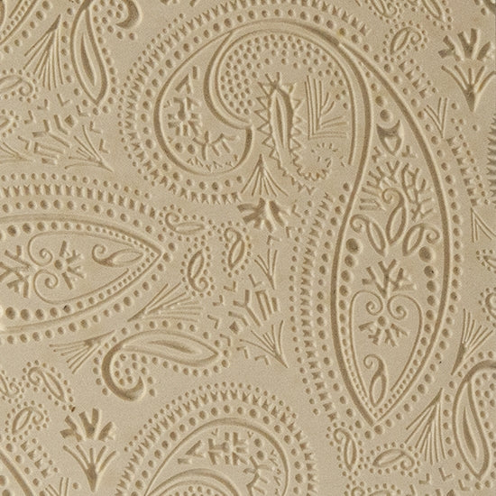 Texture Tile - Mehndi Paisley Fineline. Beige Texture Tiles are flexible, washable and can be used with any soft clay. Spritz with CoolSlip or dust on Dry Powder Release for stick-free impressions when using metal clay and polymer clay.