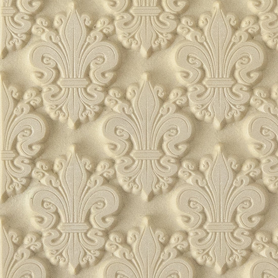 Texture Tile - Bold Fleur de Lis. Beige Texture Tiles are flexible, washable and can be used with any soft clay. Spritz with CoolSlip or dust on Dry Powder Release for stick-free impressions when using metal clay and polymer clay.