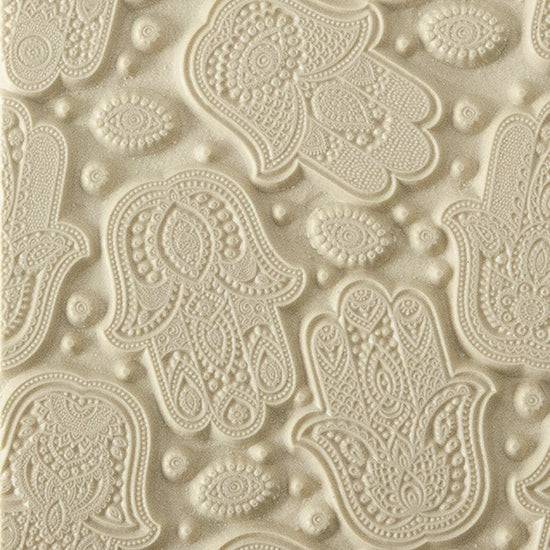 Texture Tile - Hamsas. Beige Texture Tiles are flexible, washable and can be used with any soft clay. Spritz with CoolSlip or dust on Dry Powder Release for stick-free impressions when using metal clay and polymer clay.